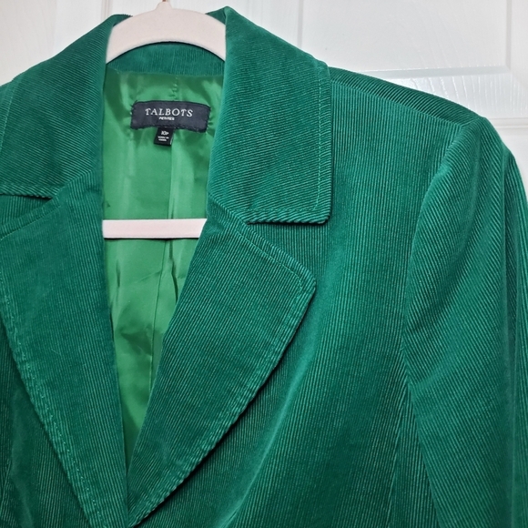 Talbots Corduroy Velvet Blazer Jacket Size 10P Emerald Green Gold Tone Horsebit - Picture 2 of 7